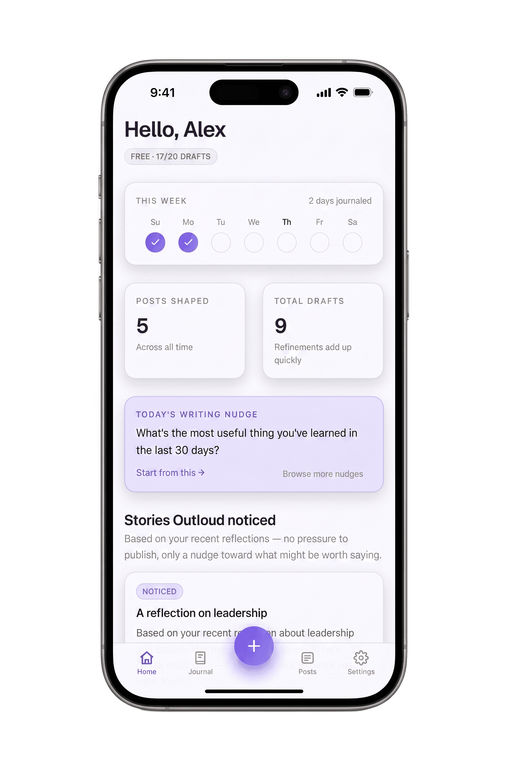 The Outloud dashboard with story suggestions and weekly journaling